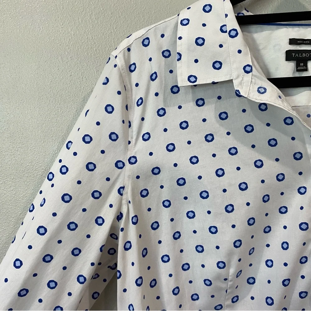 Talbots Button Front Shirt Blouse Geometric Pattern Print White Blue 18 - Picture 6 of 7